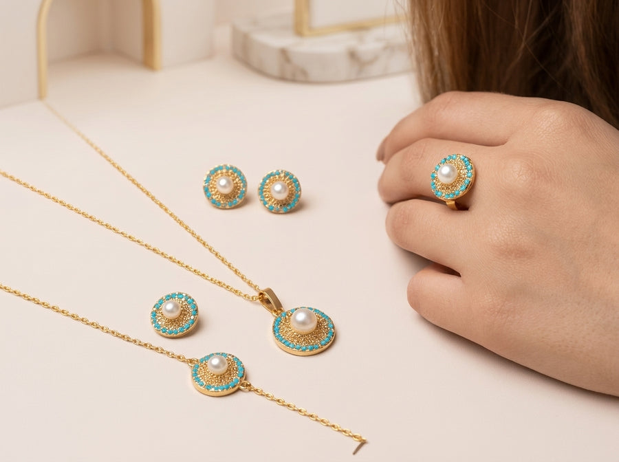 Turquoise & Pearl Round Jewelry Set