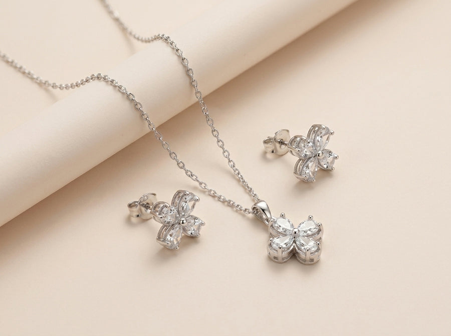 Silver Clover Crystal Jewelry Set