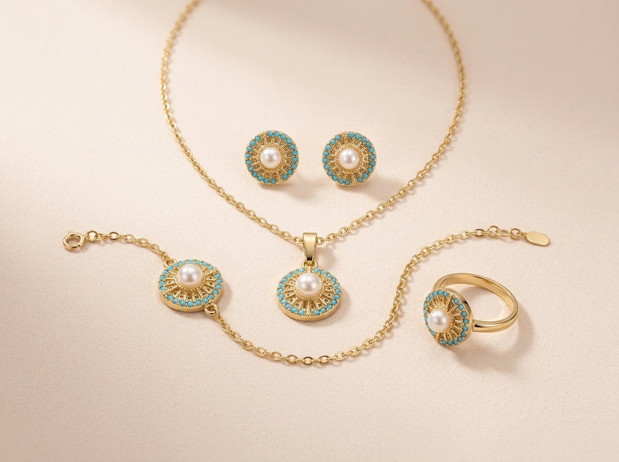 Turquoise & Pearl Round Jewelry Set